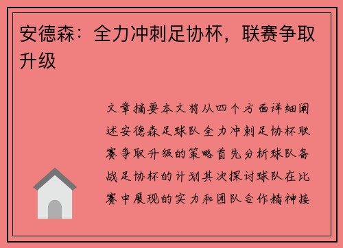 安德森：全力冲刺足协杯，联赛争取升级