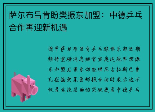 萨尔布吕肯盼樊振东加盟：中德乒乓合作再迎新机遇